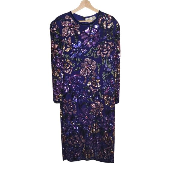 OLEG CASSINI Silk Sequin Beaded Dress Size 18 Purple Floral Formal 100% Silk - Picture 1 of 13